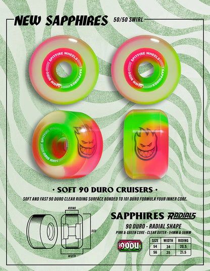 Spitfire Wheels - Sapphire 90A Pinkki/Vihreä - 54mm