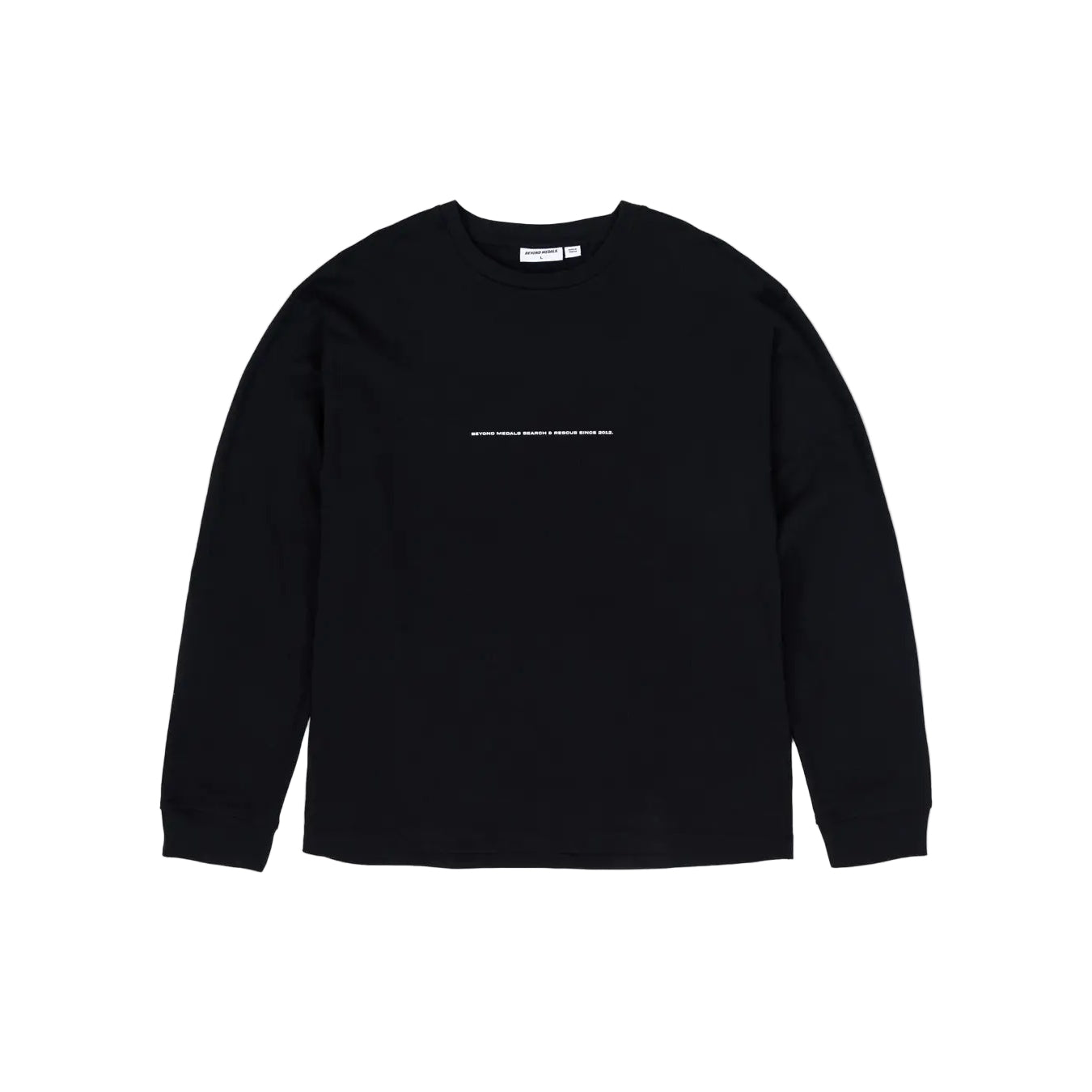 Black long-sleeve shirt with white text on a light gray background