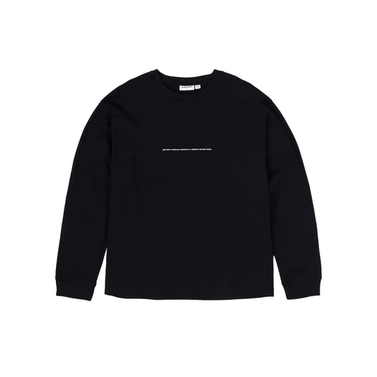 Black long-sleeve shirt with white text on a light gray background