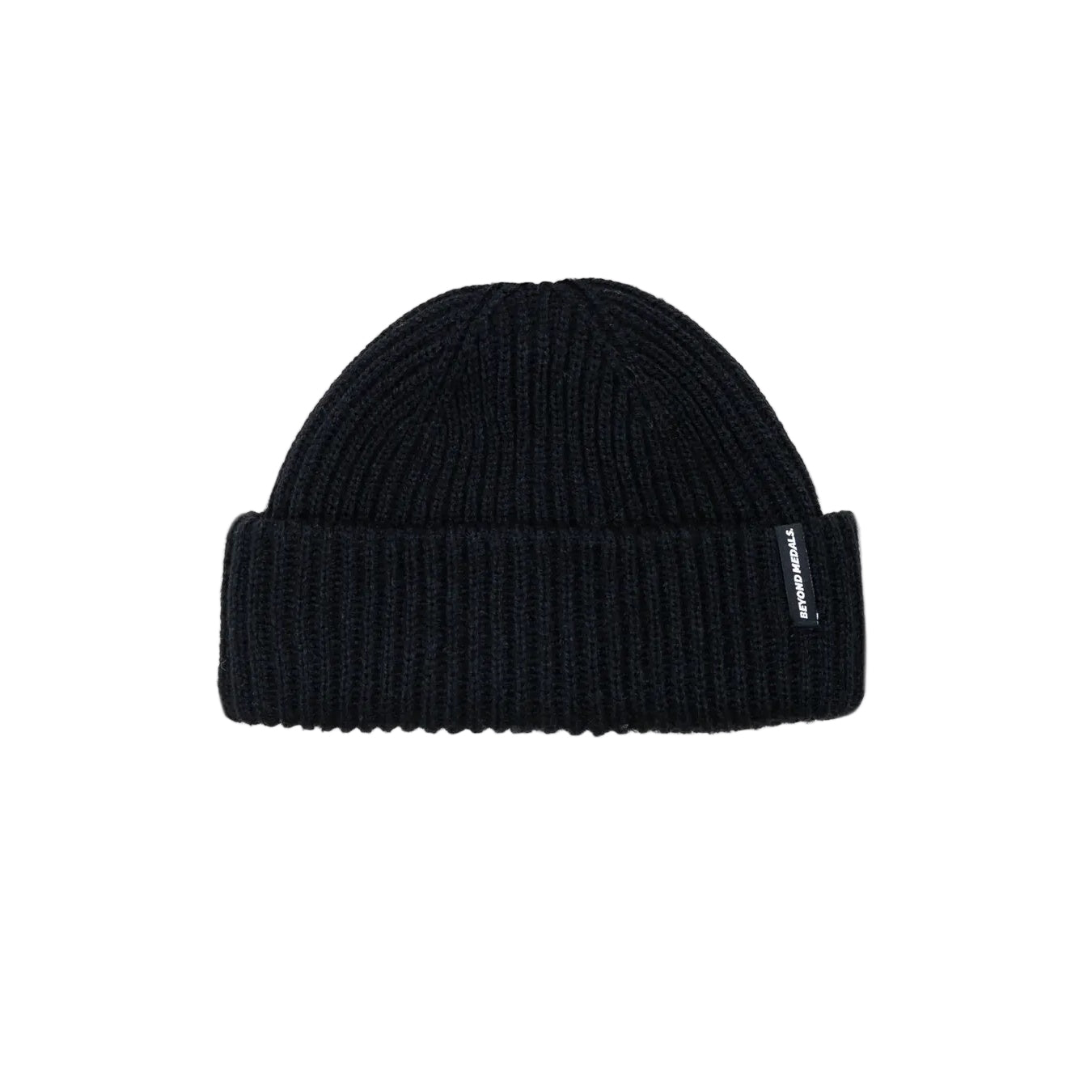 Black beanie with a brand logo on a light gray background