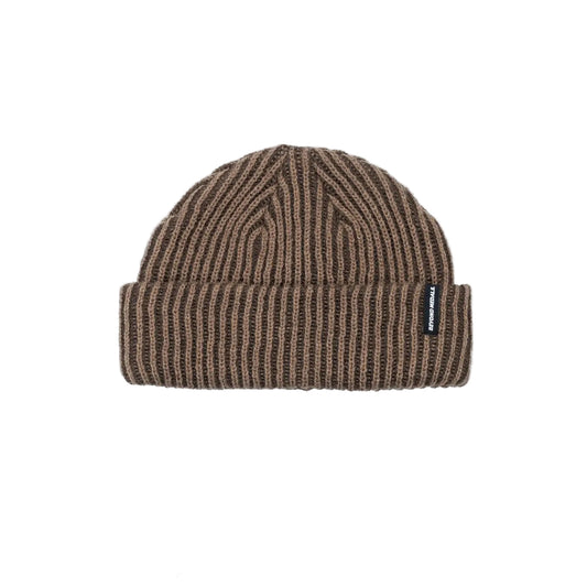 Brown ribbed knit beanie with a brand label on a light gray background