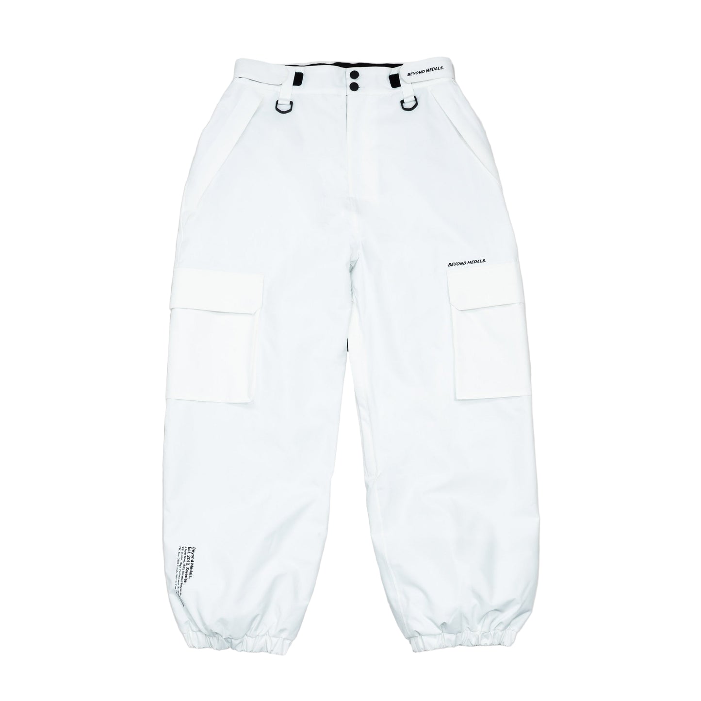 White pants with black accents on a gray background