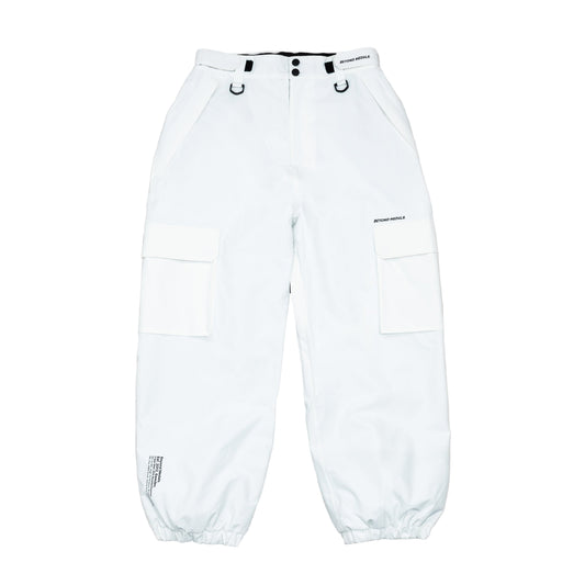 White pants with black accents on a gray background