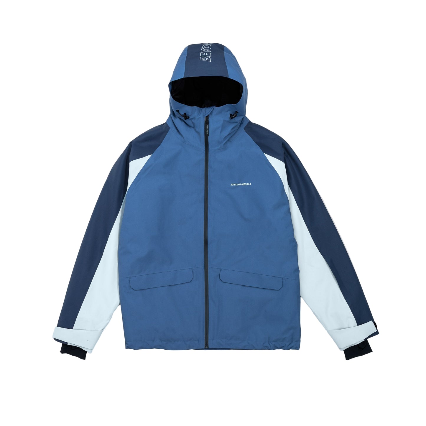 Blue and gray jacket with a hood on a light gray background