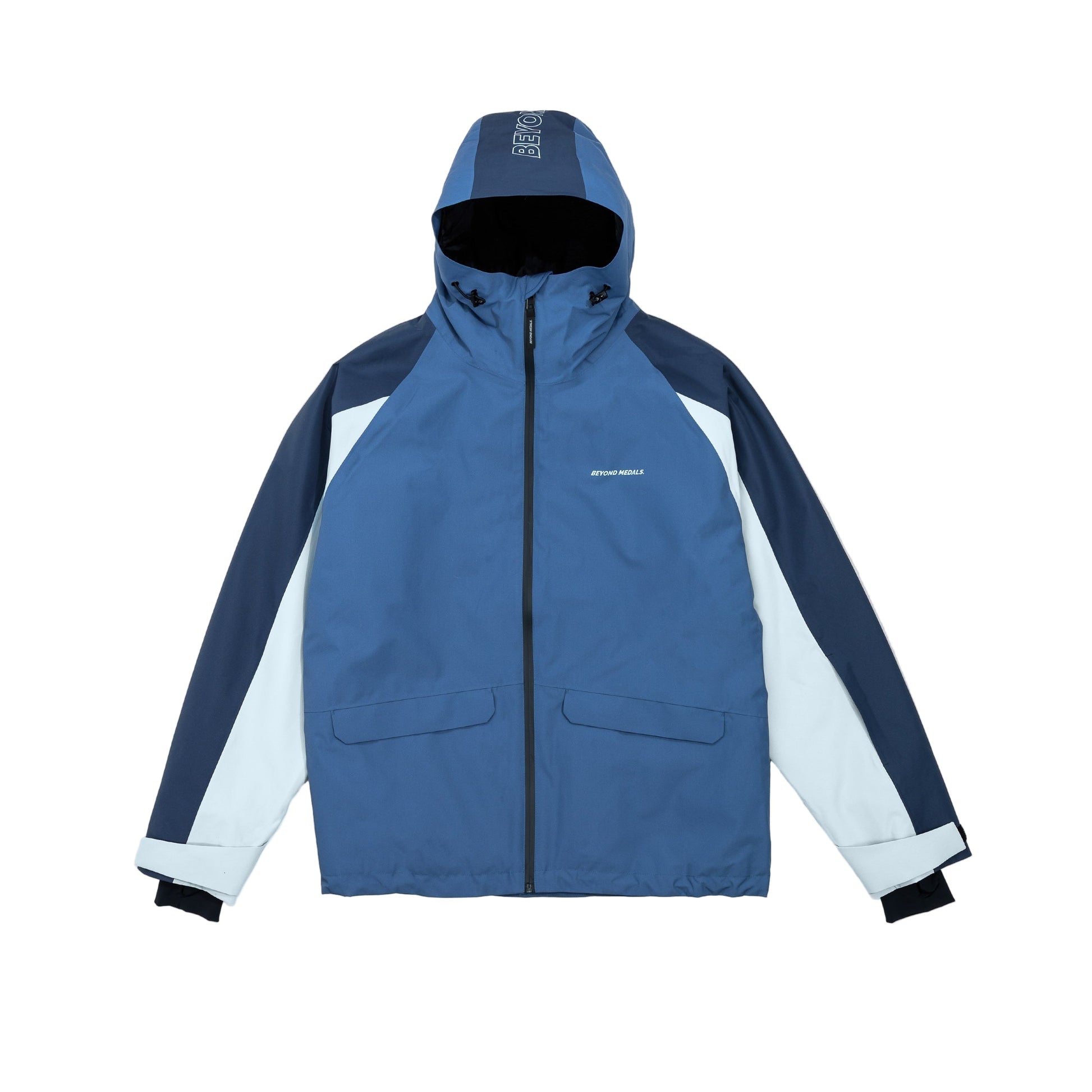 Blue and gray jacket with a hood on a light gray background