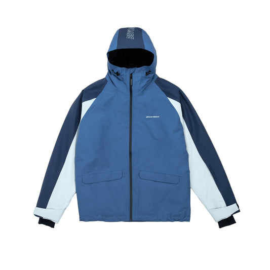 Blue and gray jacket with a hood on a light gray background