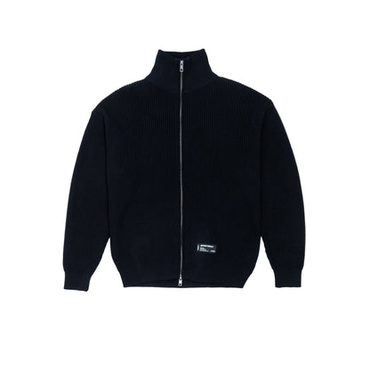 Black zip-up jacket on a light gray background