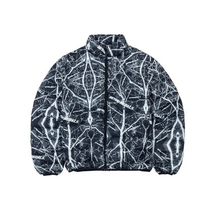 Black jacket with white abstract pattern on a white background