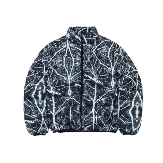 Black jacket with white abstract pattern on a white background