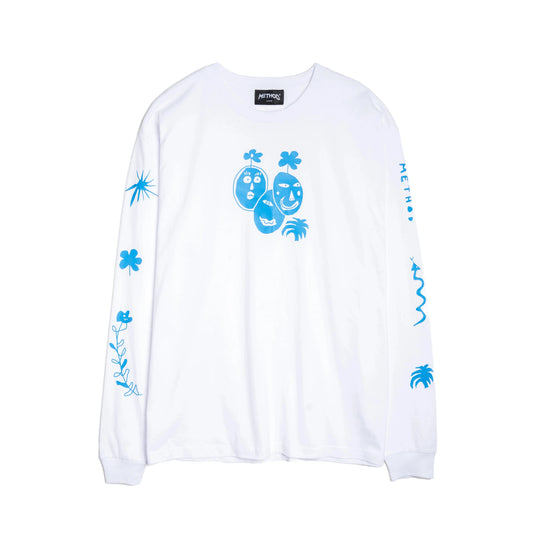 White long-sleeve shirt with blue graphics on a white background