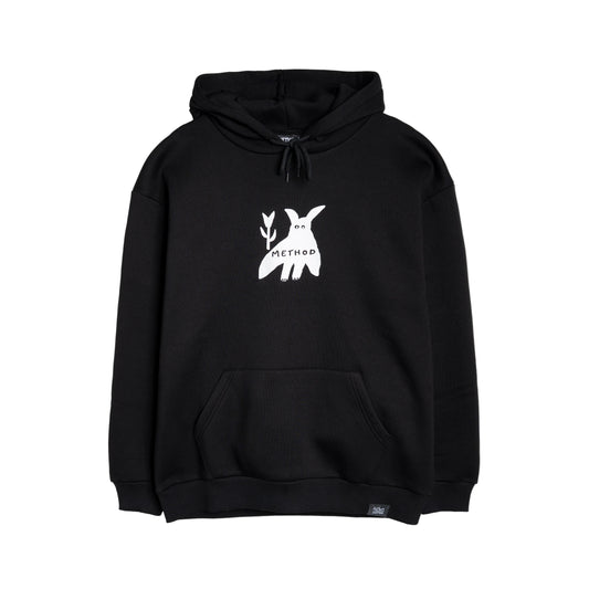 Black hoodie with a white logo on a white background