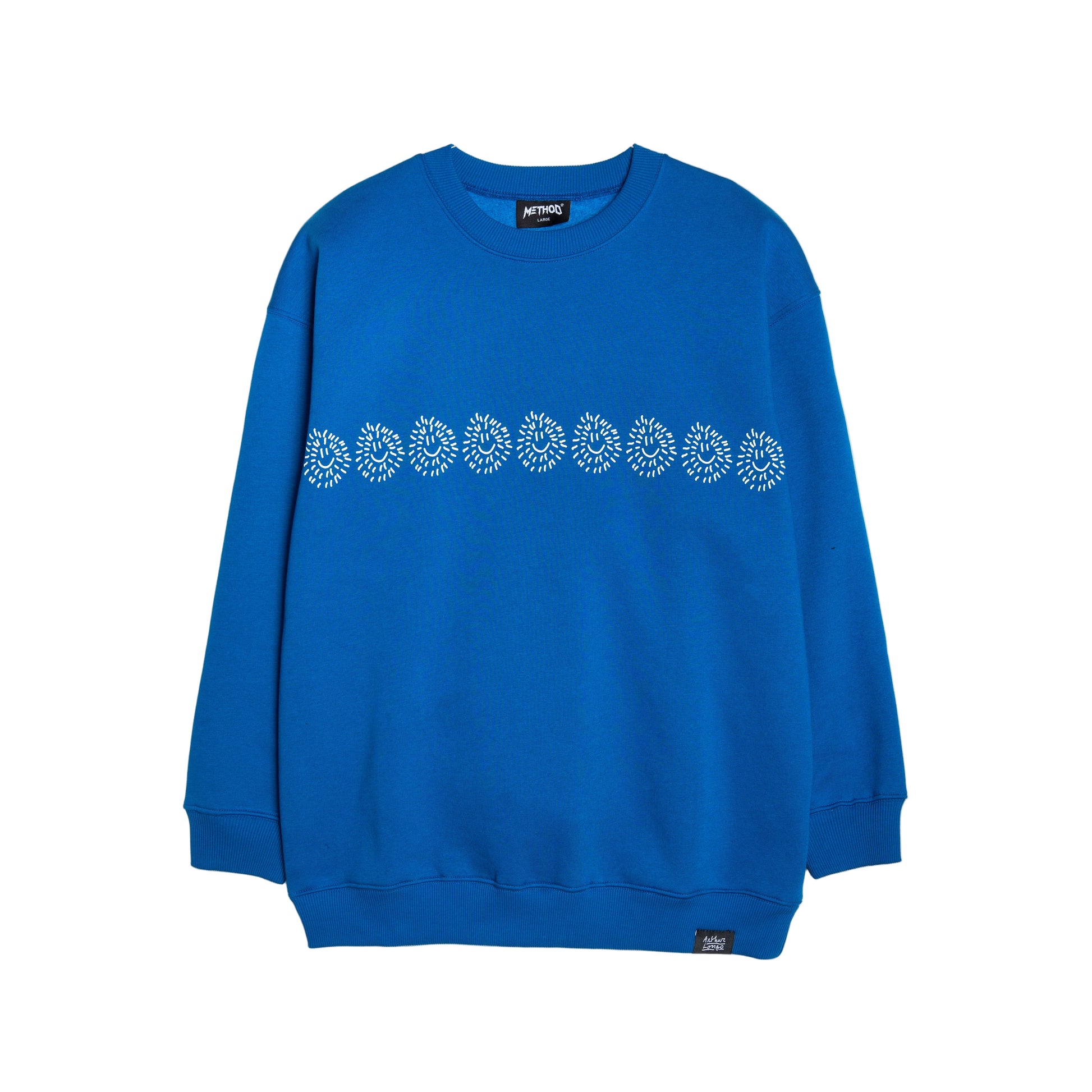 Blue sweatshirt with white pattern on a white background