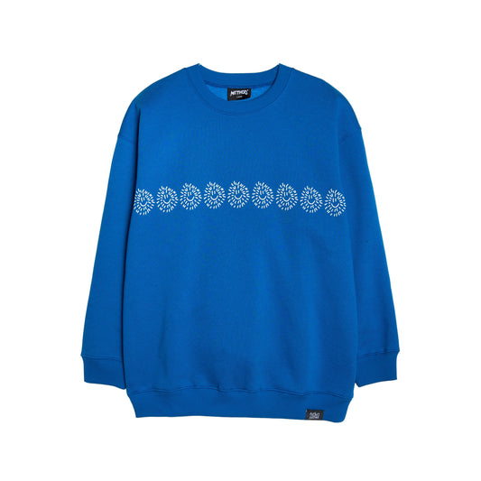 Blue sweatshirt with white pattern on a white background