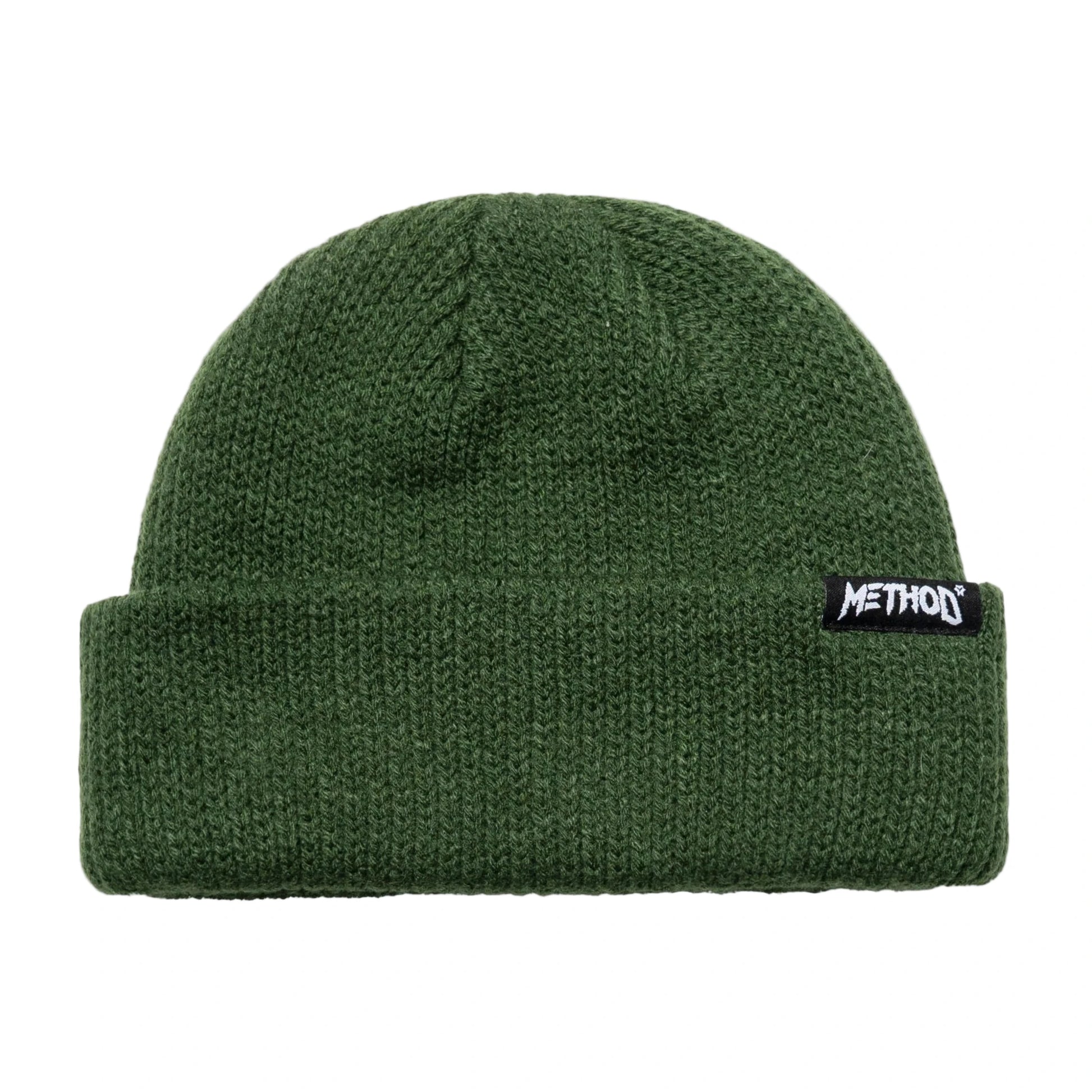 Green beanie with a logo on a white background