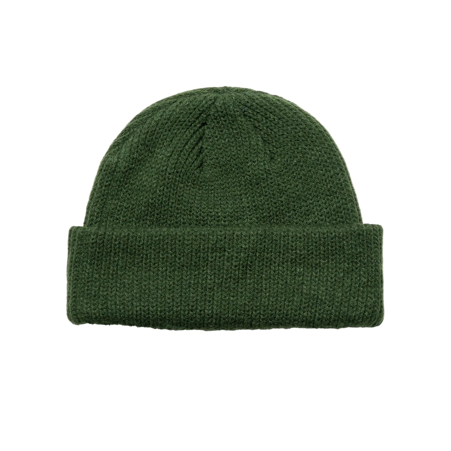 Green knit beanie on a white background