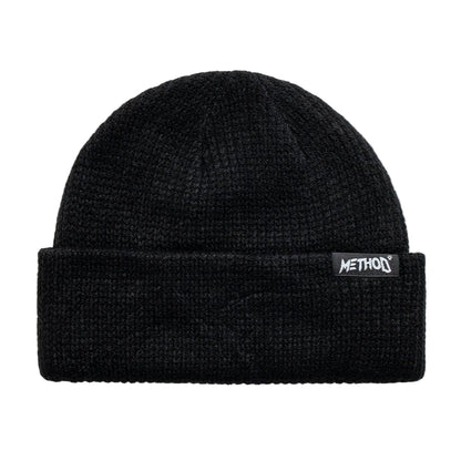 Black beanie with a logo on a white background