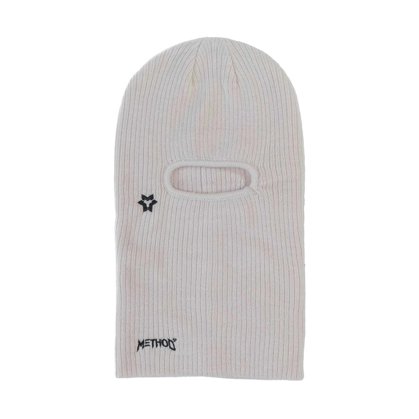 White ribbed balaclava with black logo and text on a white background