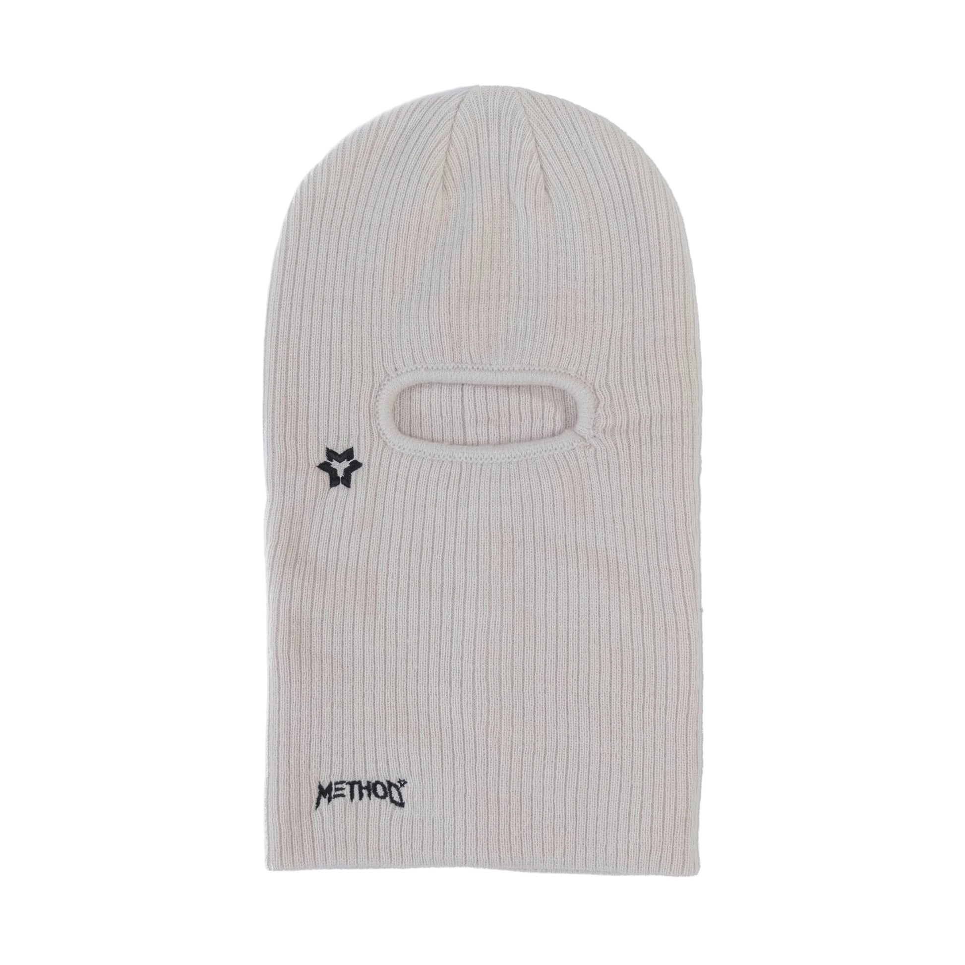 White ribbed balaclava with black logo and text on a white background