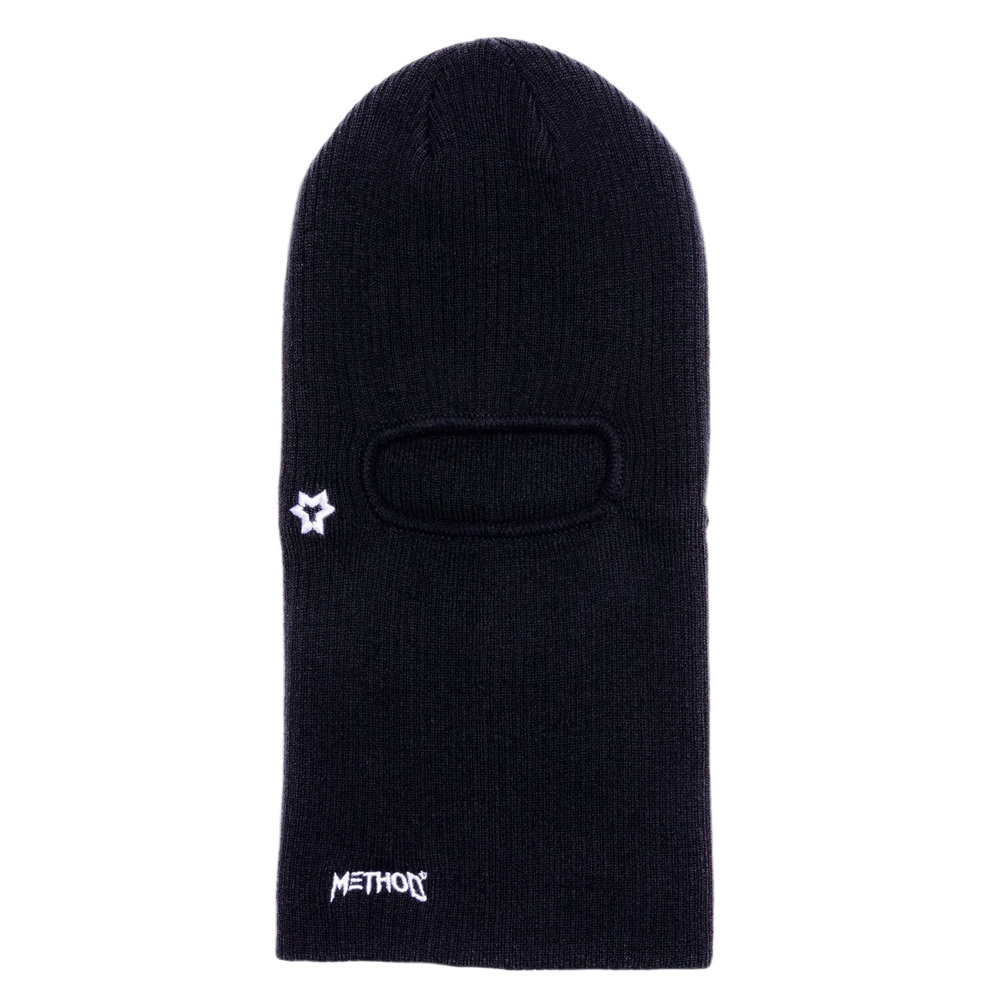 Black balaclava with a small logo on a white background