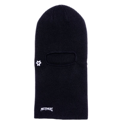 Black balaclava with a small logo on a white background