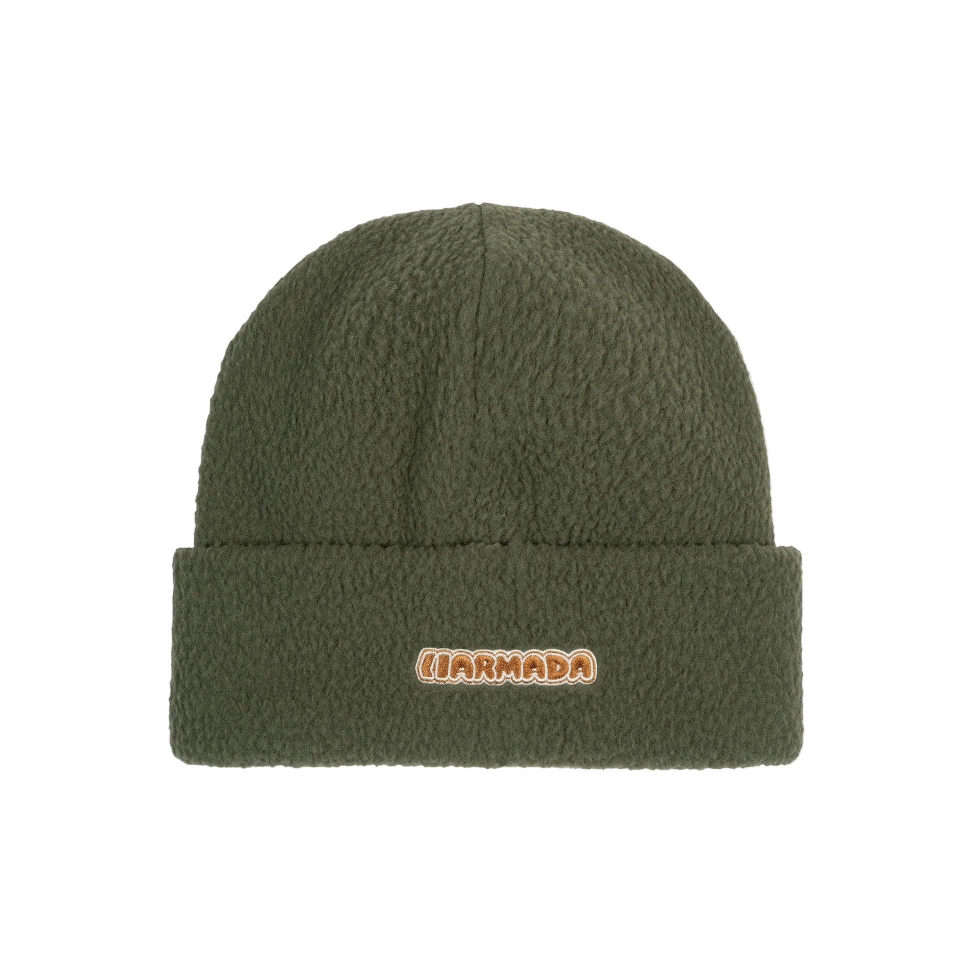 Green beanie with 'ARMADA' logo on a white background