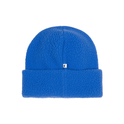Blue beanie with a small white logo on a white background
