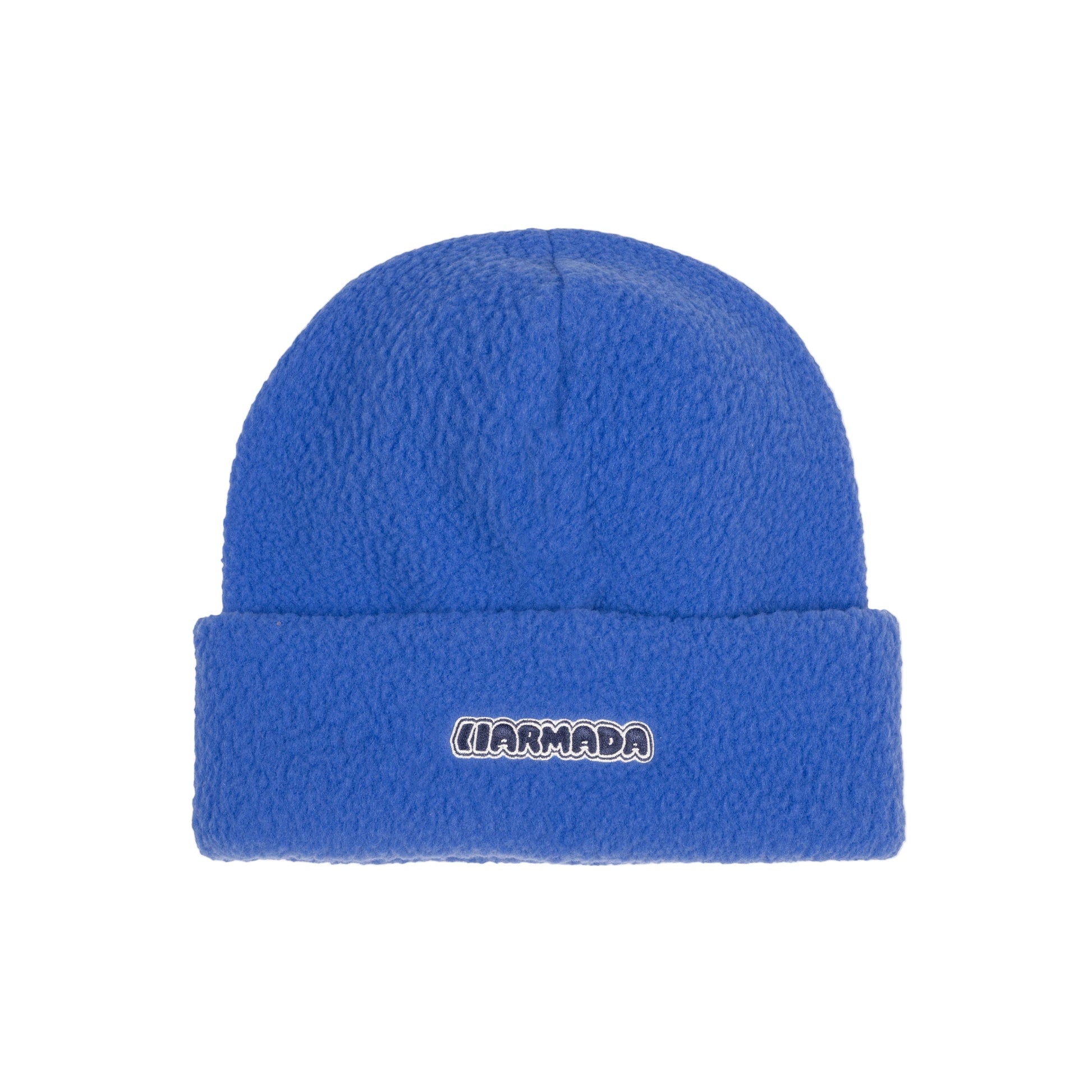 Blue beanie with a brand logo on a white background