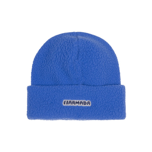 Blue beanie with a brand logo on a white background