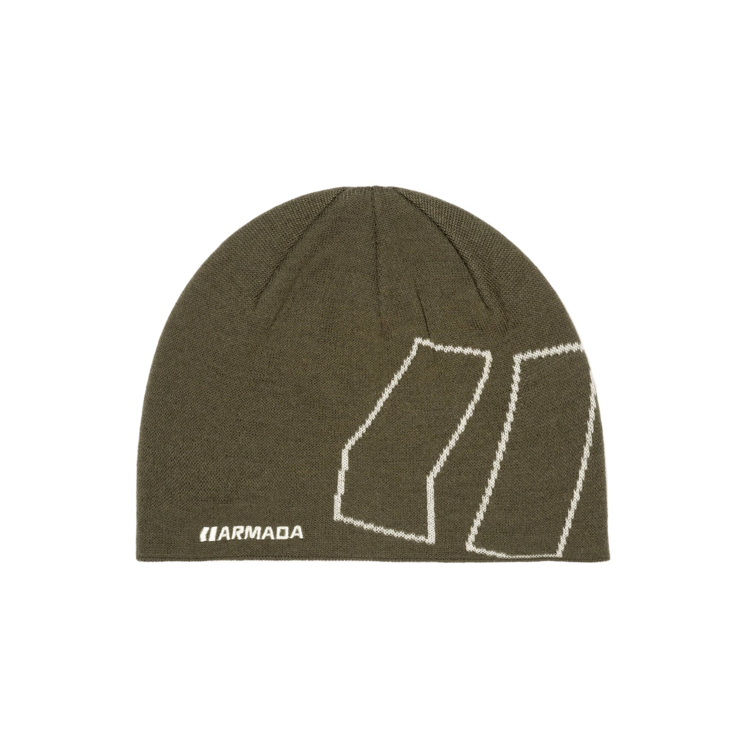 Green beanie with white logo on a white background