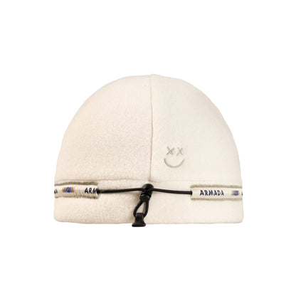 Beige beanie with black drawstring and 'Armada' branding on a textured white background