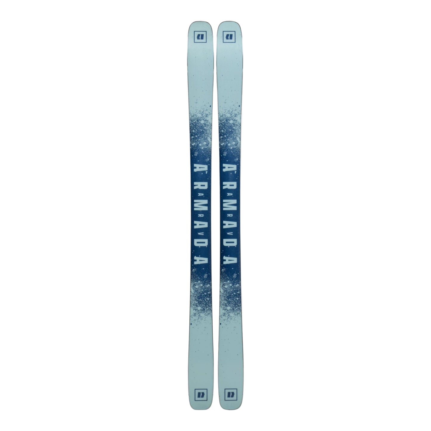 Two skis with a gradient blue design on a white background