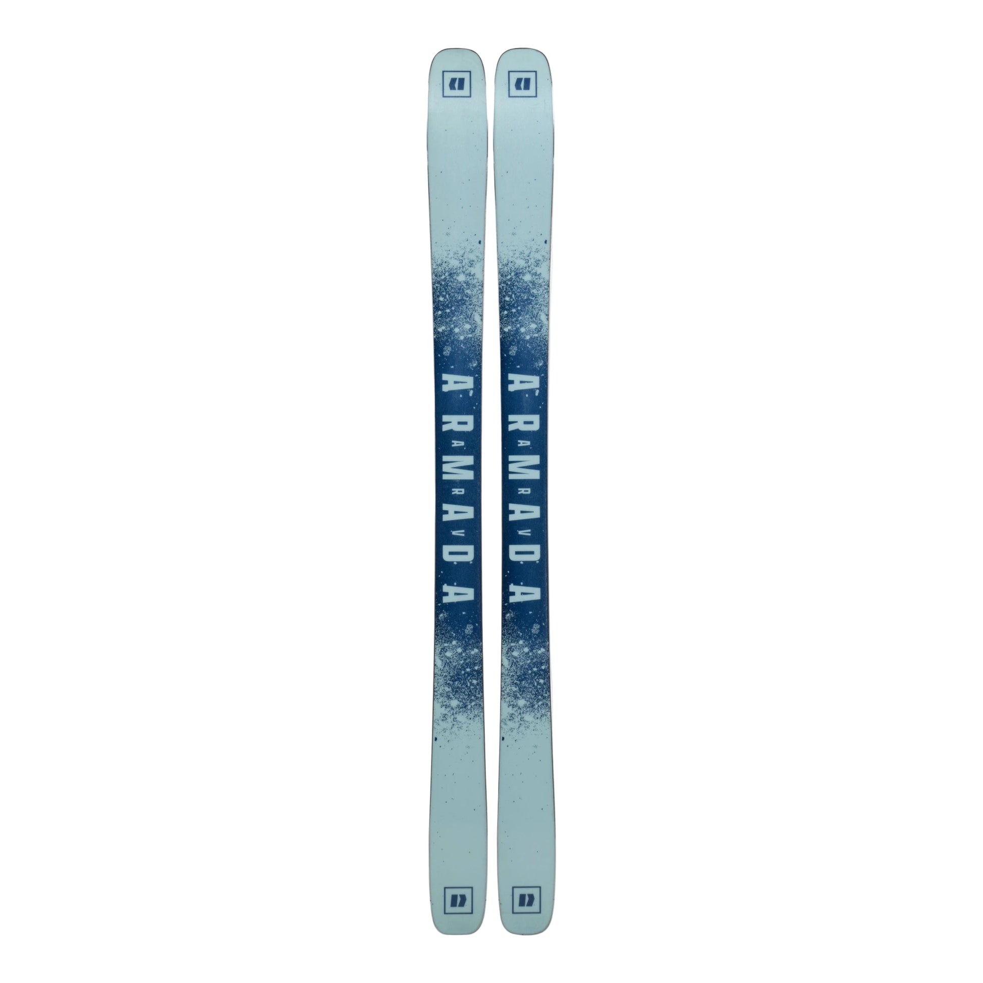 Two skis with a gradient blue design on a white background