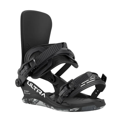Black snowboard binding with 'Ultra' branding on a white background