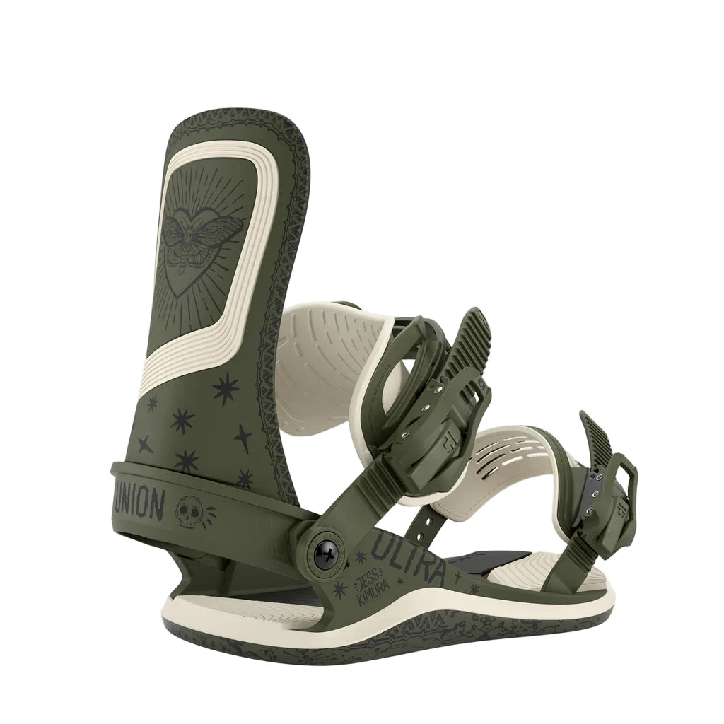 Green and beige snowboard binding on a white background